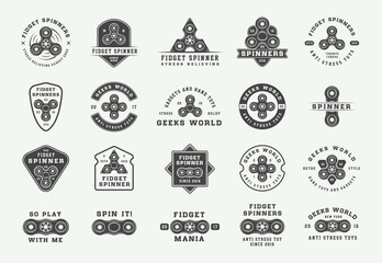 Set of vintage fidget spinners logos, emblems, badges and motivational posters. Monochrome Graphic Art. Vector Illustration. - obrazy, fototapety, plakaty