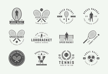 Set of vintage tennis logos, emblems, badges, labels and design elements. Vector illustration. Monochrome Graphic Art.