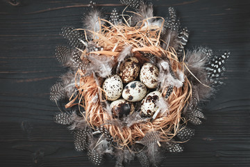 Quail eggs on old wooden background. Happy Easter. Top view. Free copy space. Selective focus.