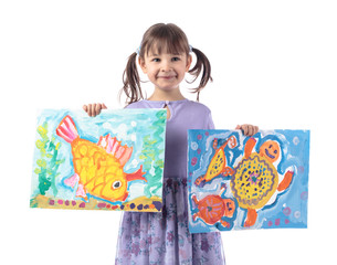Four-year-old girl in a purple dress shows her drawings.