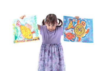 Four-year-old girl in a purple dress shows her drawings.