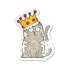 retro distressed sticker of a cartoon cat with crown