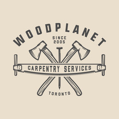 Vintage carpentry, woodwork and mechanic label, badge, emblem and logo.Vector illustration. Monochrome Graphic Art.