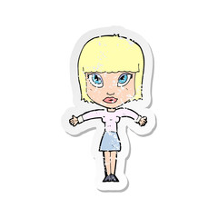 retro distressed sticker of a cartoon woman shrugging