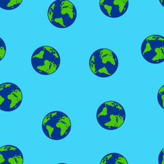 Seamless travel pattern with Earth on blue background. Vector tourist concept. Design for web page, fabric, wallpaper, textile, invitations, flyers, brochures. -