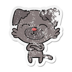 distressed sticker of a cartoon dog crossing arms