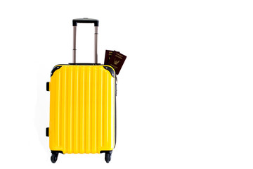 Yellow suitcase,baggage,luggage with passports  isolated white background