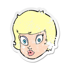 retro distressed sticker of a cartoon surprised female face