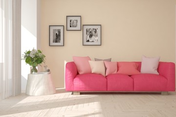 White stylish minimalist room with coral sofa. Scandinavian interior design. 3D illustration