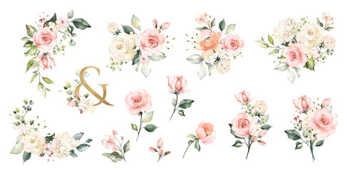 Set watercolor arrangements with roses. collection garden pink flowers, leaves, branches, Botanic  illustration isolated on white background.   ampersand