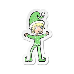 retro distressed sticker of a cartoon excited christmas elf