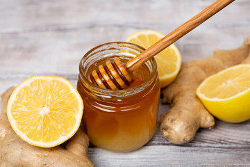 Fototapeta premium Close-up. Honey. Lemon. Ginger. Healthy concept. T Treatment of cold and viruses. Be healthy