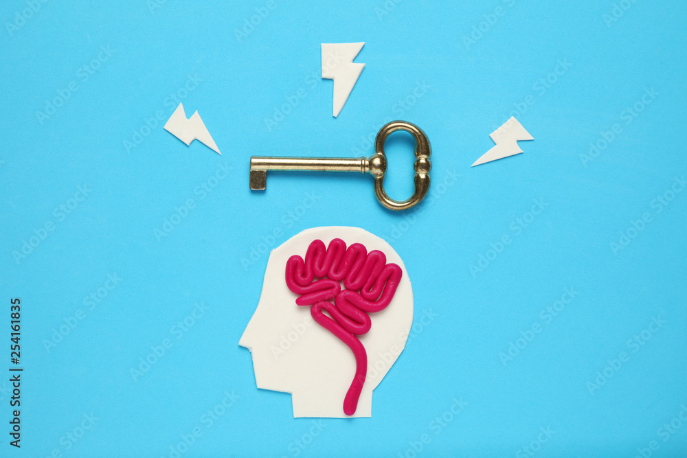 Poster figure of man and three keys. business problems and solution.