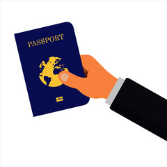 Flat hand holds international passport. Vector international blue cover of passport template. International identification document for travel, isolated on white background. 