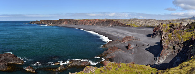 Panorama of Djupalonssandur bay and beach situated on foot of Snaefellsnes peninsula in Western...