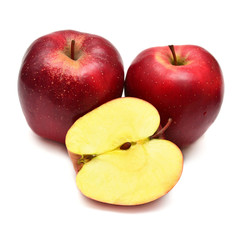 Red apples group and slice macro fruit isolated on white background
