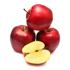 Red apples group and slice macro fruit isolated on white background