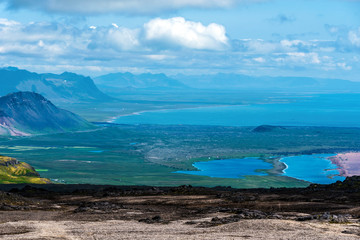 Faxa Bay coastline as seen from Snaefellsjokull mountain slope in Snaefellsnes peninsula.