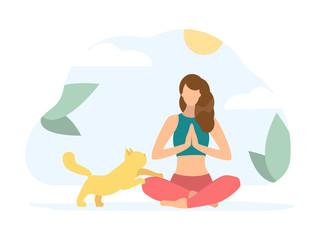 Lotus pose. Woman doing Yoga with cat