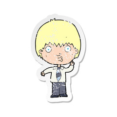 retro distressed sticker of a cartoon school boy answering question