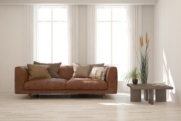 White stylish minimalist room with sofa. Scandinavian interior design. 3D illustration