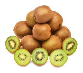 Ripe kiwi fruit whole and sliced isolated on white background. Flat lay, top view