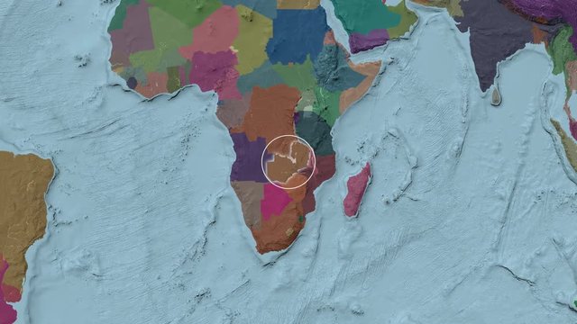 Zambia area presented against the global administrative map in the Fahey projection with animated oblique transformation