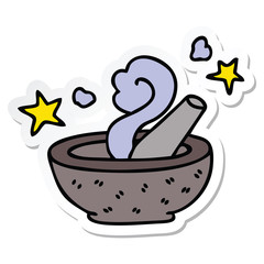 sticker of a quirky hand drawn cartoon magic pestle and mortar