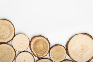 Pine tree cross-sections with annual rings on white background. Lumber piece close-up shot, top view.