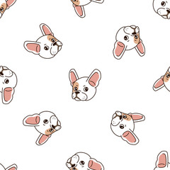 Vector cartoon character cute french bulldog seamless pattern background for design.