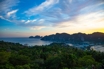 Panorama of the island of Phi Phi don, Thailand, at sunset dramatic sky