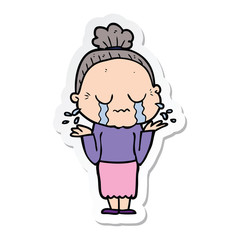 sticker of a cartoon crying old lady