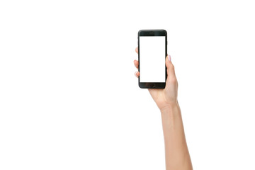 hand holding phone on white background. iPhone 7plus in the girl's hand. iPhones were created and...