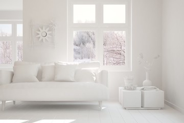 White stylish minimalist room in grey color with sofa and winter landscape in window. Scandinavian interior design. 3D illustration