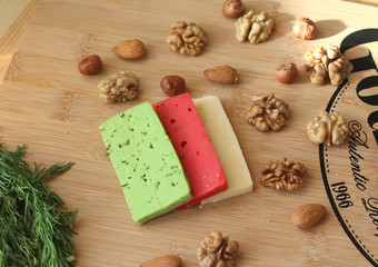 cheese green red nuts wooden milk breakfast lunch tomato