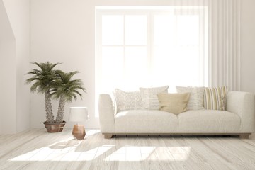 White stylish minimalist room with sofa. Scandinavian interior design. 3D illustration