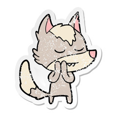 distressed sticker of a friendly cartoon wolf