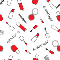 Vector of seamless repeat pattern with red make-up/ cosmetics tools. Doodle sketch of girl's cosmetics with self-affirmation message.