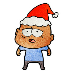 textured cartoon of a tired bald man wearing santa hat
