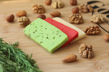cheese green red nuts wooden milk breakfast lunch