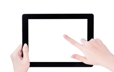 Young beautiful girl holding a black tablet pc template with white screen isolated on white background, close up, mock up, clipping path, cut out