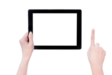 Young beautiful girl holding a black tablet pc template with white screen isolated on white background, close up, mock up, clipping path, cut out