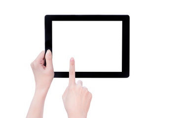 Young beautiful girl holding a black tablet pc template with white screen isolated on white background, close up, mock up, clipping path, cut out