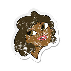 retro distressed sticker of a cartoon happy woman