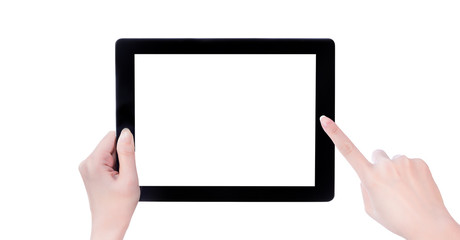 Young beautiful girl holding a black tablet pc template with white screen isolated on white background, close up, mock up, clipping path, cut out