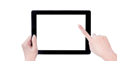 Young beautiful girl holding a black tablet pc template with white screen isolated on white background, close up, mock up, clipping path, cut out