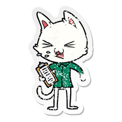 distressed sticker of a cartoon salesman cat hissing