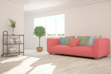 White stylish minimalist room with coral sofa. Scandinavian interior design. 3D illustration