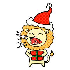 comic book style illustration of a roaring lion with gift wearing santa hat