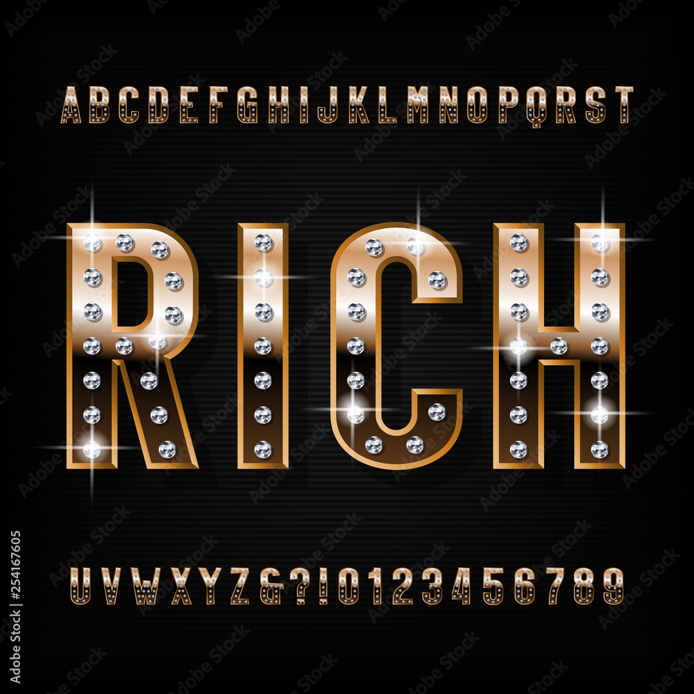Fototapete rich alphabet font. ornate golden beveled letters and numbers with diamond gemstones. stock vector t
